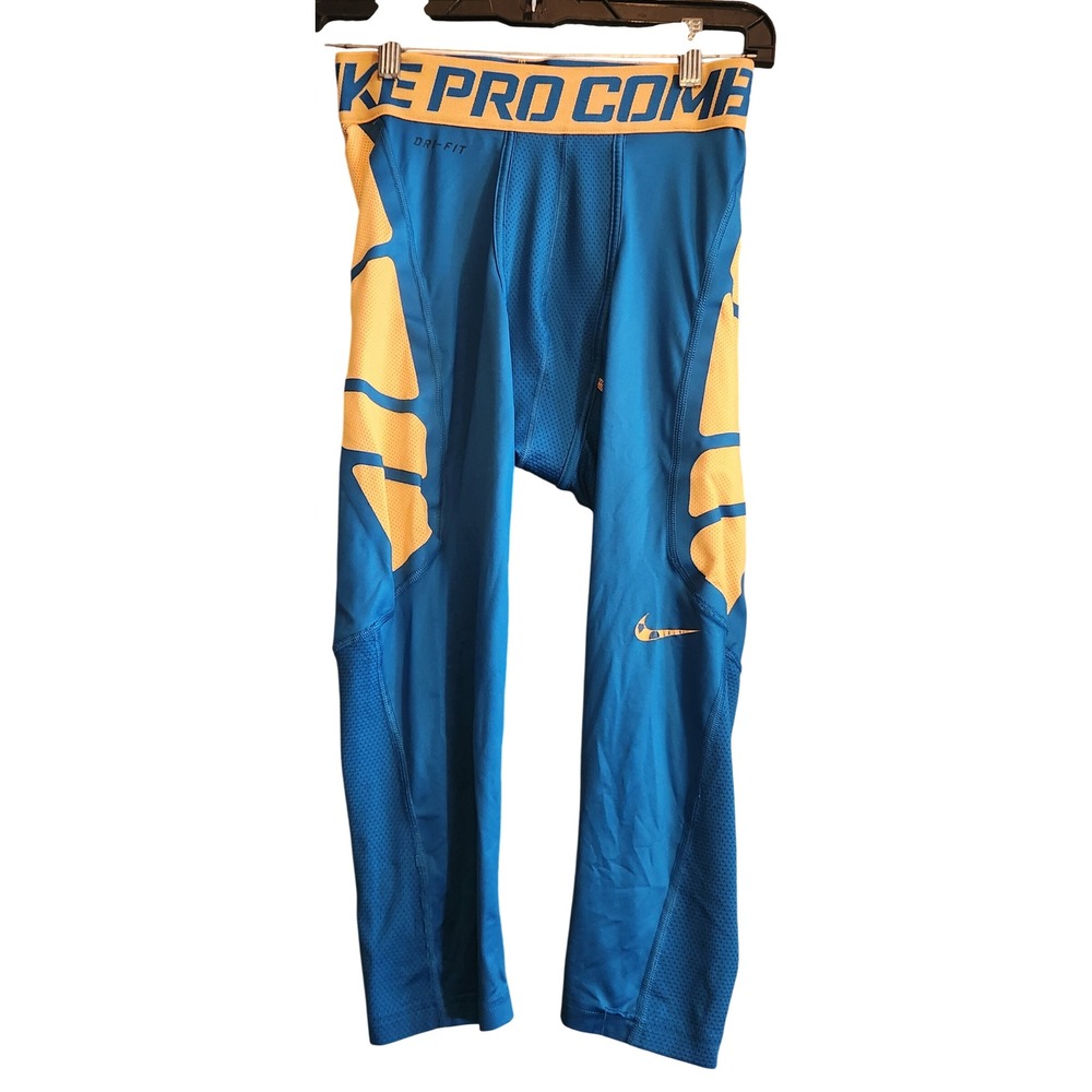 Nike Pro Combat Leggings Mens Large Blue Yellow Good Compression Dri-FIT Tights